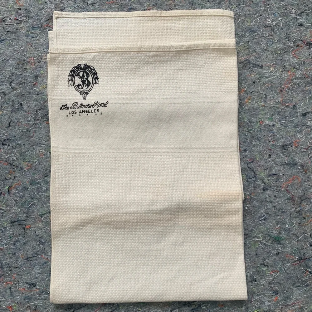 Antique The Biltmore Hotel Los Angeles white cotton hand towel with black logo